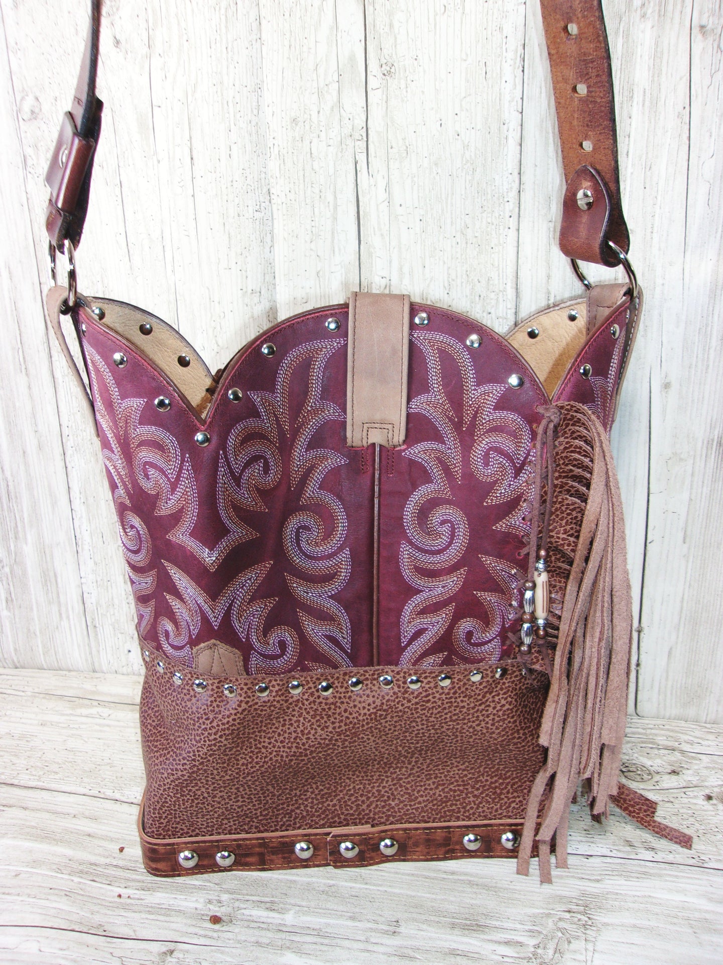 Top Shelf Cowboy Boot Purse with Fringe TS287 handcrafted from cowboy boots. Shop at ChrisThompsonBags.com and buy the best boot top purse, Country Chic, country fashion, country style, cowboy boot lover, cowboy boot purse, Cowgirl Chic, cowgirl style, luxury handbag, rodeo purse, western chic, western fashion, western style at Chris Thompson Bags.